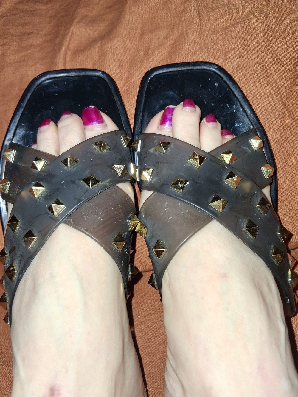 Steve Madden Black Slide Sandals with Gold Studs and Transparent Straps